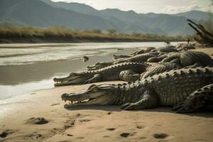 A group of crocodiles sunbathing on a riverbank, generate ai photo