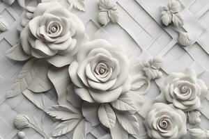 3d clásico fondo de pantalla. Rosa flores en un ligero gris antecedentes con cuadrícula y ondulado formas para pared hogar decoración, generar ai foto