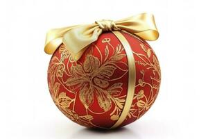 art Red Christmas ball with a beautiful bow and a golden pattern. christmas design element isolated on white background , generate ai photo