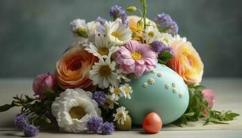 Pascua de Resurrección huevo decoración con flor ramo, generar ai foto