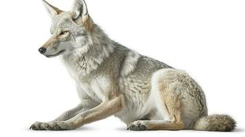 A lone coyote Canis latrans isolated on white background w in the winter snow in Canada, generate ai photo