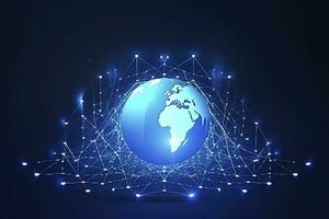 Global network on Earth concept. 3D rendering, World map point. Big data analytics and business concept, world map point and line composition concept of global business, generate ai photo