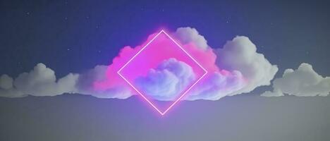 3d render, abstract minimal background with pink blue yellow neon light square frame with copy space, illuminated stormy clouds, glowing geometric shape, generate ai photo