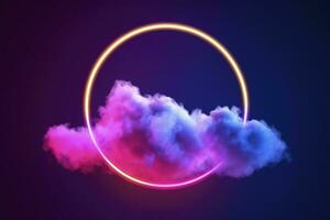 3d render, abstract cloud illuminated with neon light ring on dark night sky. Glowing geometric shape, round frame, generate ai photo