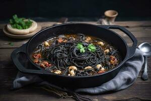 Traditional Italian spaghetti al nero di seppia with squid ink in tomato sauce served as close-up in a cast-iron pan on a wooden board, generate ai photo