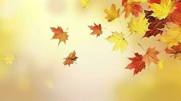 Autumn natural background with yellow and red maple leaves are flying and falling down, generate ai photo