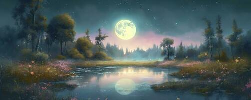 night landscape environment harvest moon over a glittering lake lush vegetation birchwood trees, flowers, magical galaxy. 3d drawing digital art, generate ai photo