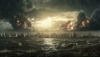 Post apocalypse. Nuclear apocalypse survivor. Ruined Cityscape. Concept. Banner size. Header, A nuclear explosion in the center of the metropolis. The beginning of apocalyptic, generate ai photo