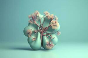 Human kidney with flowers, pastel colors, on blue background, 3d render and illustration, generate ai photo