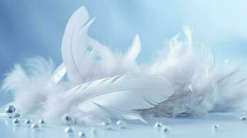 a bright blue background with one white feather, in the style of soft and dreamy pastels, glimmering light effects, nature inspired imagery, fairycore, soft focal points, generate ai photo