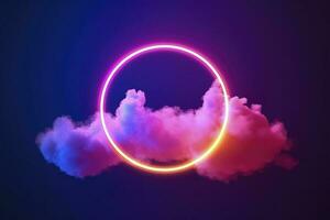 3d render, abstract cloud illuminated with neon light ring on dark night sky. Glowing geometric shape, round frame, generate ai photo