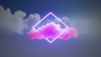 3d render, abstract minimal background with pink blue yellow neon light square frame with copy space, illuminated stormy clouds, glowing geometric shape, generate ai photo