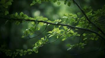 Earth Day and World Environment Day, Spring, Tropical tree leaves and branch with beautiful green forest background, generate ai photo