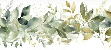 Watercolor seamless border - illustration with green gold leaves and branches, for wedding stationary, greetings, wallpapers, fashion, backgrounds , generate ai photo