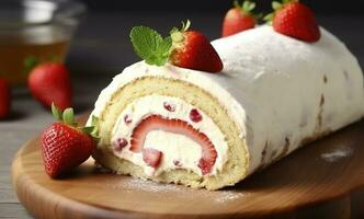 Delicious cake roll with strawberries and cream on wooden board, closeup, generate ai photo