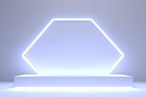 Realistic podium display with neon white lights, Product display background with light frame, White prodium product display with light effect, neon lights background, generate ai photo