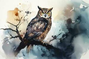 An owl perched on a tree branch in the moonlight watercolor painting, beautiful natural forms, crisp clean shapes, colorful, white background, generate ai photo