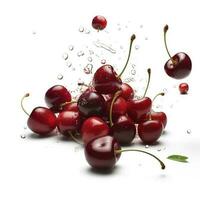 Whole and sliced fresh cherries in the air, isolated on a white background, generate ai photo