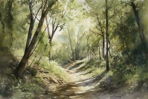 Sunny summer forest.Picture created with watercolors , generate ai photo