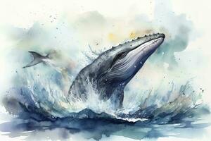 A whale breaching in a stormy ocean watercolor painting, beautiful natural forms, crisp clean shapes, colorful, white background, generate ai photo