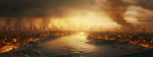 Post apocalypse. Nuclear apocalypse survivor. Ruined Cityscape. Concept. Banner size. Header, A nuclear explosion in the center of the metropolis. The beginning of apocalyptic, generate ai photo