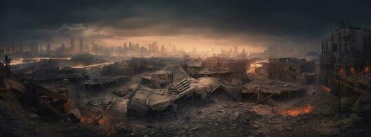Post apocalypse. Nuclear apocalypse survivor. Ruined Cityscape. Concept. Banner size. Header, generate ai photo