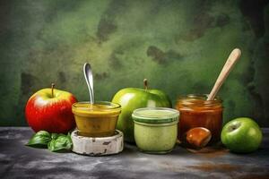 Sauces, apple and green measuring tape on grunge background. Diet concept, generate ai photo