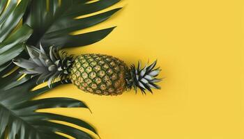 Top view of fresh pineapple with tropical leaves on yellow background , generate ai photo