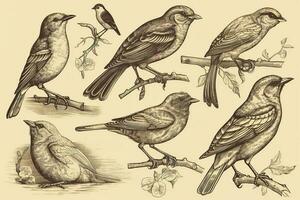 Engraved vintage set of birds elements , generate ai photo