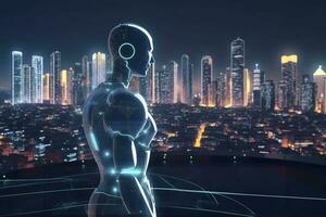 Smart City with robot system artificial intelligence , Chat GPT chatbot AI , Chatting with a smart AI or artificial intelligence chatbot developed by OpenAI , Generate AI photo