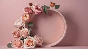 Women's Day concept. Top view photo of white circle pink peony rose and heart shaped sprinkles on isolated pastel pink background with copyspace, generate ai