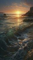 Magical red sunset in the open sea red sky and ocean waves at dusk beautiful sunset above the sea sunset background, generate ai photo