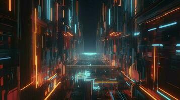 digital cg background, cg backgrounds sci-fi backgrounds, in the style of futuristic geometric abstraction, dark orange and light cyan, 32k UHD, neon, and fluorescent light, generat ai photo