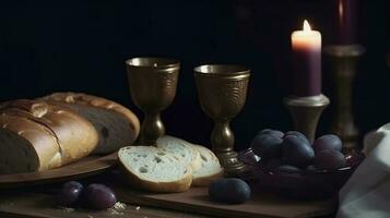 Adjarian khinkali and khachapuri with wine and sauce on a wooden table and stands, generate ai photo