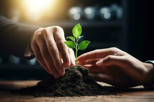 un niño participación un planta en su manos con un verde antecedentes y luz de sol brillante mediante el hojas en el planta, generar ai foto