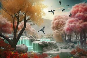 3d mural colorful landscape. flowers branch multi colors with trees and water. Waterfall and flying birds. suitable for printing on canvas, generate ai photo