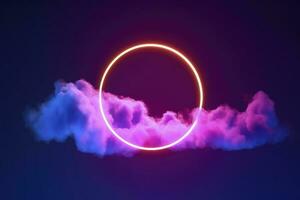 3d render, abstract cloud illuminated with neon light ring on dark night sky. Glowing geometric shape, round frame, generate ai photo