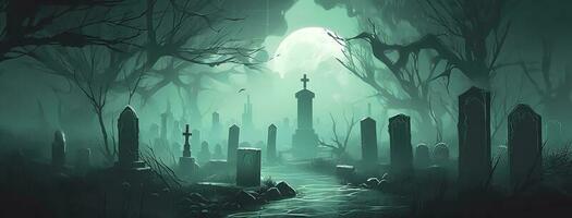 a halloween cemetery and graveyard with a full moon, in the style of dark turquoise and light green, made of mist, captivating, exacting precision, Halloween, generate ai photo