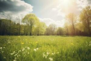 Beautiful blurred background image of spring nature with a neatly trimmed lawn surrounded by trees against a blue sky with clouds on a bright sunny day, generate ai photo