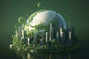 papel Arte , verde planeta tierra de esfera futurista , cristal tierra planeta verde bosque ciudad , generar ai foto