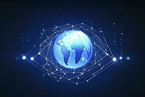 Global network on Earth concept. 3D rendering, World map point. Big data analytics and business concept, world map point and line composition concept of global business, generate ai photo