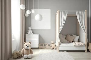 Modern minimalist nursery room in scandinavian style. Baby room interior in light colours, image photo