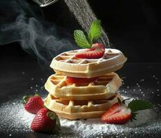 Waffles with strawberries sprinkled with sugar powder, generate ai photo