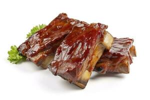 Delicious barbecued spare ribs. Tasty bbq meat, isolated on white background, generate ai photo