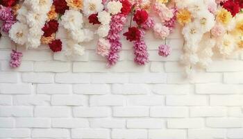 flor textura antecedentes para Boda escena. flores en blanco ladrillo pared con gratis espacio para texto. Boda o fiesta decoración. floral acuerdo, florística configuración, generar ai foto