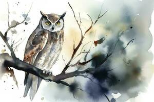 An owl perched on a tree branch in the moonlight watercolor painting, beautiful natural forms, crisp clean shapes, colorful, white background, generate ai photo