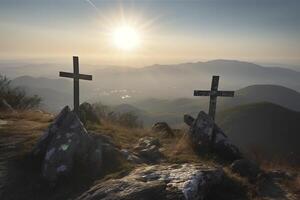 Three cross on the mountain with sun light, belief, faith and spirituality, crucifixion and resurrection of Jesus Christ at Easter, photo