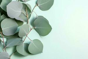 Natural eucalyptus leaves on mint pastel green background. Flat lay floral composition, top view, copy space, generate ai photo