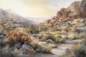 watercolor digital painting of a sunrise in the desert of a mystical planet, pastel colors with clouds and rocks, photo