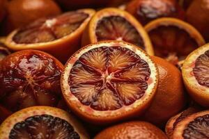 Many slices of juicy blood orange fruits as background, generate ai photo